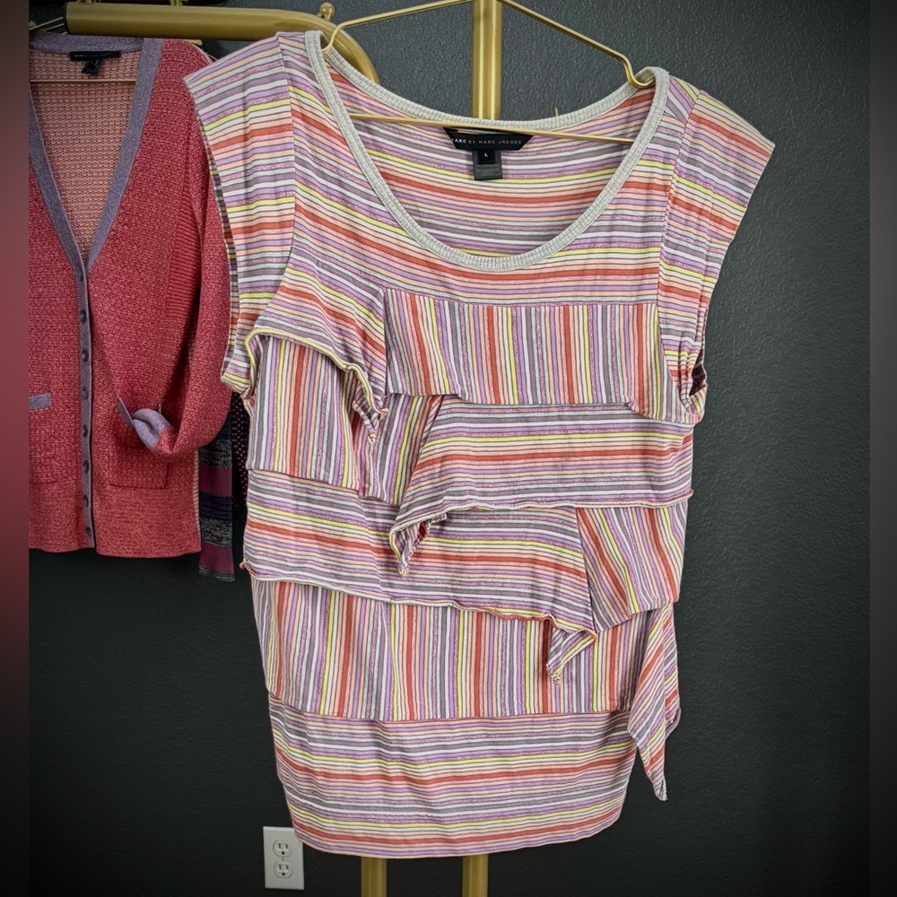 MARC By Marc Jacobs Multicolor Striped Short Sleeve Assymmetric Top